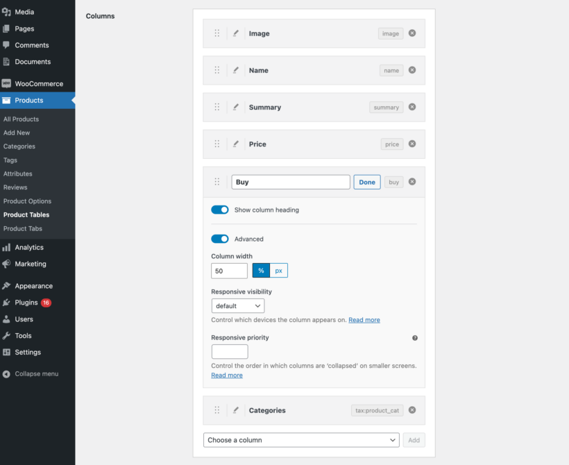 Product table column width