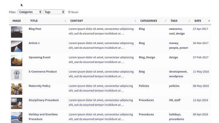 WordPress table post filters