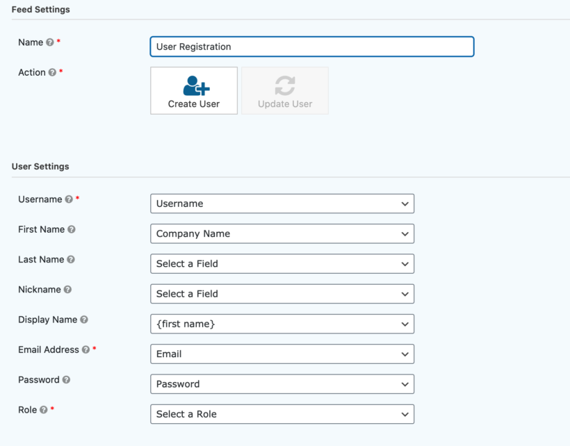Gravity Forms user registration settings