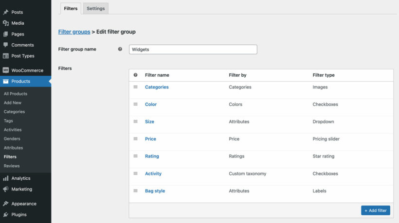 Add edit product filters WooCommerce