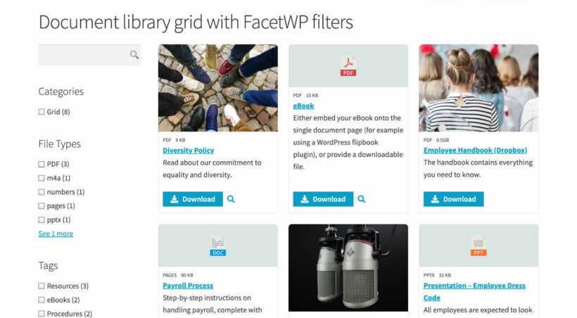 Document grid with FacetWP filters
