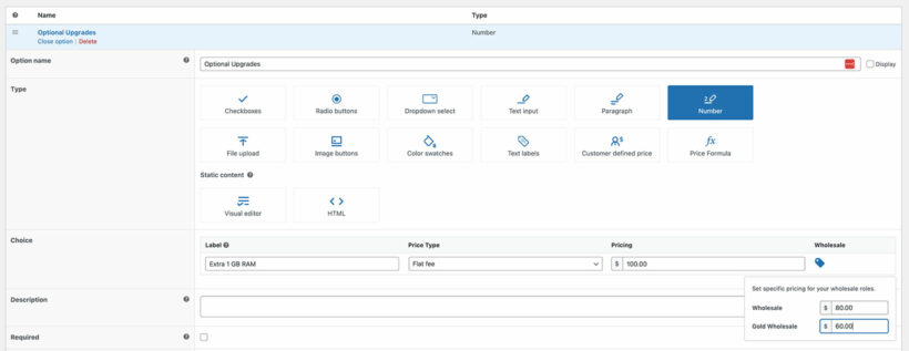 Product options wholesale price