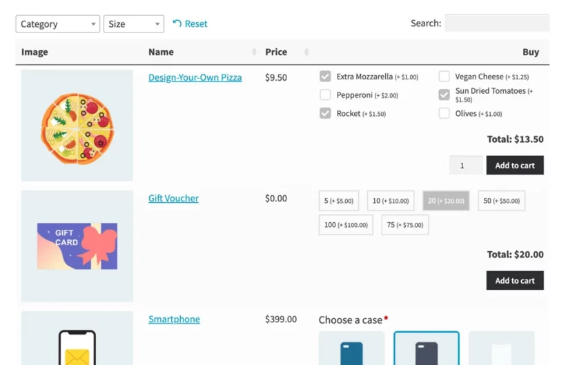 Using WooCommerce Product Table and Product Options together to show add-ons