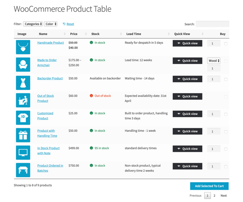 WooCommerce Product Table lead time