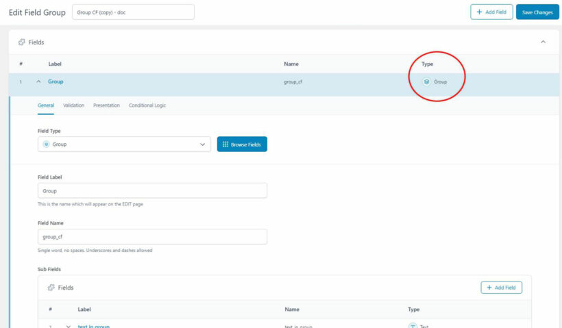 ACF group field