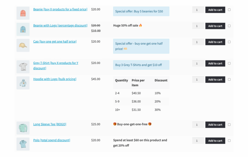 WooCommerce Discount Manager Product Table