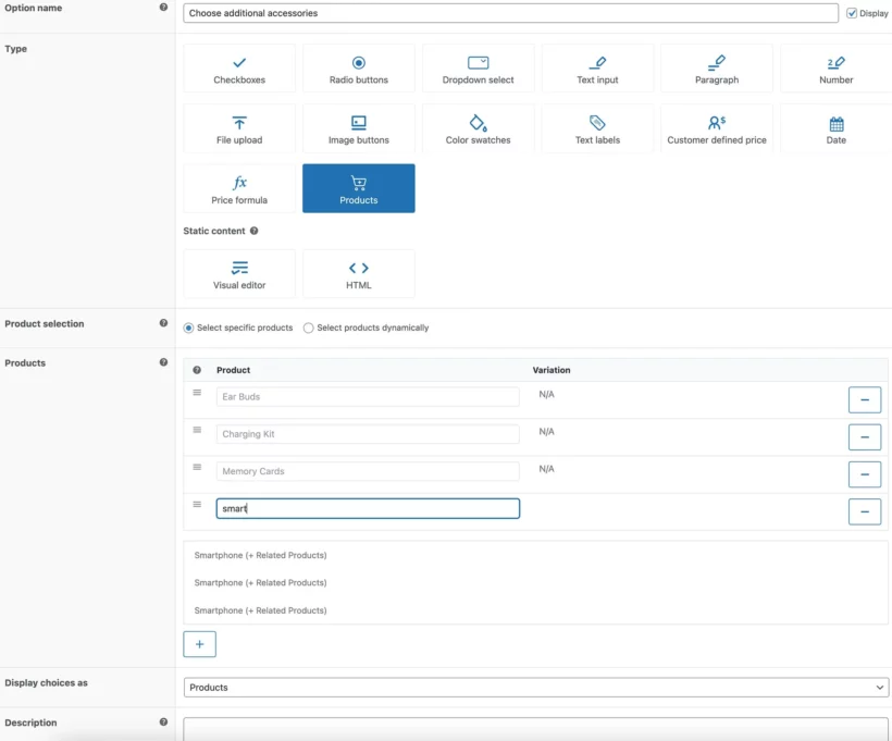 Products option type
