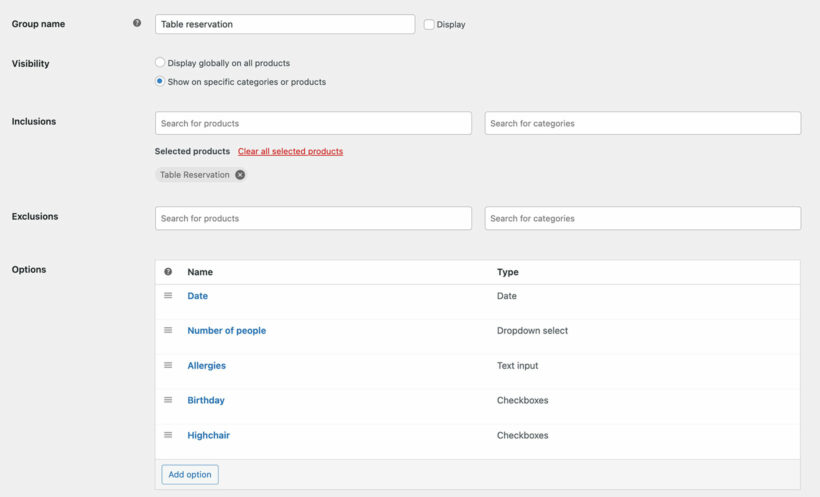 WooCommerce Product Options table reservations