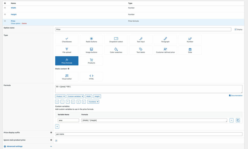 WooCommerce price formula measurement price calculator