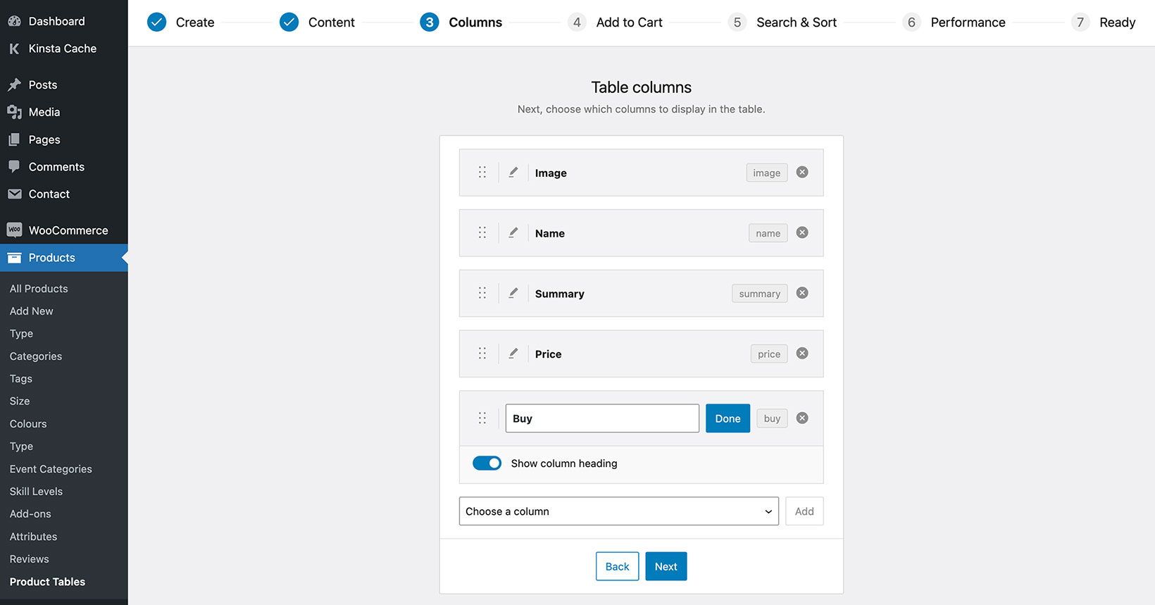 WPT table builder columns